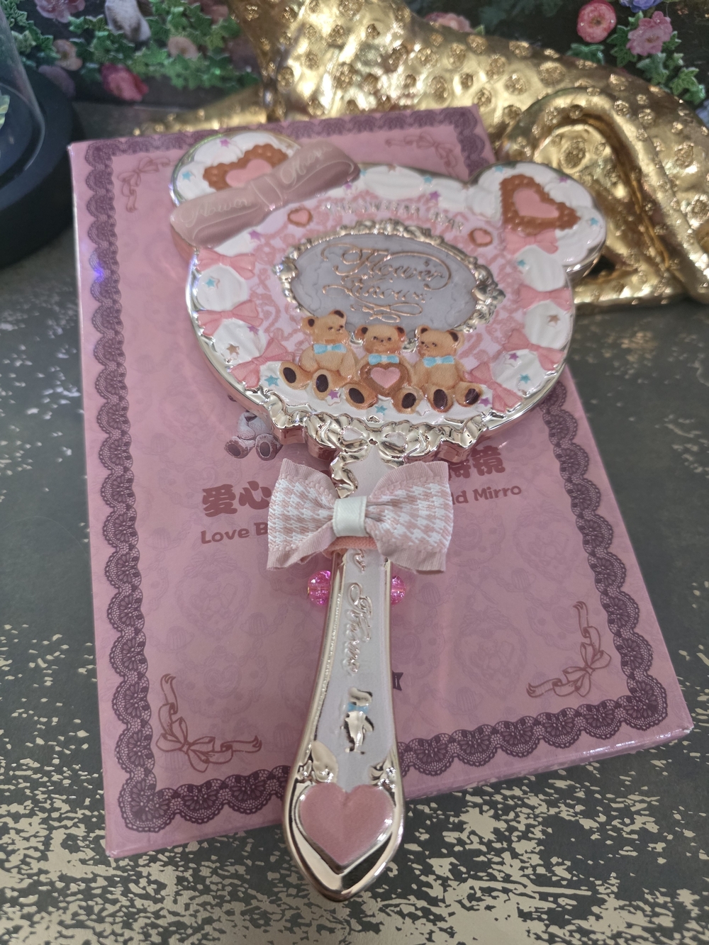 Sweetie Bear in Pink , Hand Mirror with Bow - Cute accessory